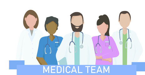 A team of doctors and nurses in uniform, hospital medical staff with stethoscopes in different positions.  The concept of medical care and assistance to people. Vector flat illustration.