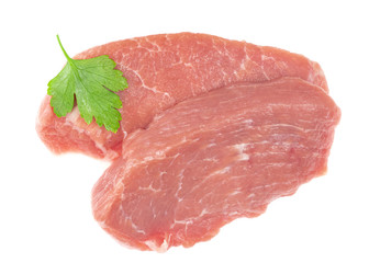 Slice of raw pork meat isolated on white background. schnitzel. steak. meat tenderloin
