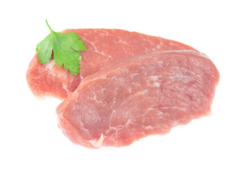 Slice of raw pork meat isolated on white background. schnitzel. steak. meat tenderloin