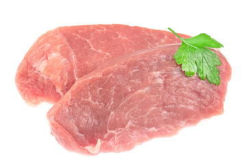 Slice of raw pork meat isolated on white background. schnitzel. steak. meat tenderloin