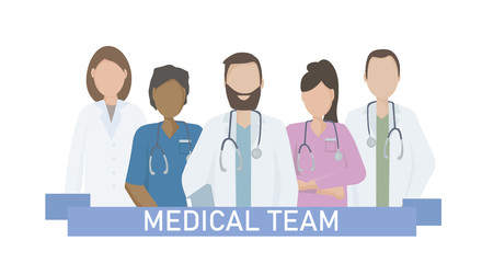 A team of doctors and nurses in uniform, hospital medical staff with stethoscopes in different positions.  The concept of medical care and assistance to people. Vector flat illustration.