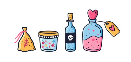 Set of colorful jars and bag with magic potion vector flat illustration in doodle style. Collection of magical composition for sorcery or witchcraft isolated on white. Glass bottles with elixir