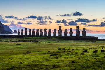 Moai statues in the Rano Raraku Volcano in Easter Island, Rapa Nui National Park, Chile