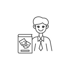 Art teacher line icon. linear style sign for mobile concept and web design. Man teacher with art book outline vector icon. Symbol, logo illustration. Vector graphics