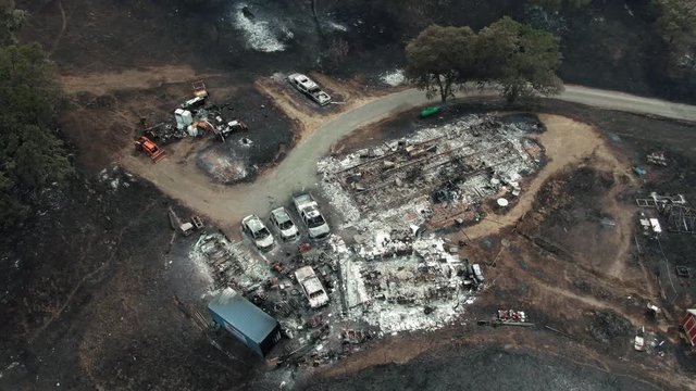 Napa, California, USA. 22 August 2020. Aerial: Burnt down home and business. LNU Lightning Complex Fire that ravaged the Napa, Sonoma, Lake and Solano counties.