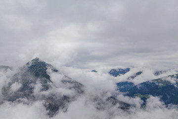 View of snow-covered mountains of a valley of Zillertal - Mayrhofen, Austria (black and white)