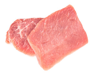 Slice of raw pork meat isolated on white background. schnitzel. steak. meat tenderloin