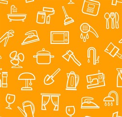 Household goods and appliances, seamless pattern, orange. White icons on an orange field. Thin outline. Vector.  