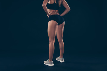 Cropped rear photo short sport suit lady amazing ideal shapes figure wait beginning training isolated black dark background