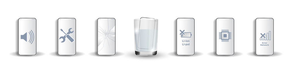 Set of damaged mobile phones: soaked in water, with broken screen, with dead battery, does not catch mobile network, chip is damaged, sound does not work Isolated for server companies 3d realism Glass