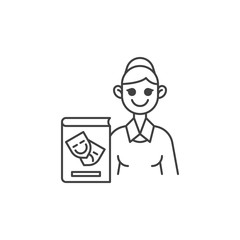Art teacher line icon. linear style sign for mobile concept and web design. Woman teacher with artist book outline vector icon. Symbol, logo illustration. Vector graphics