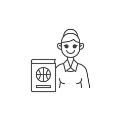Basketball coach teacher line icon. linear style sign for mobile concept and web design. Woman teacher with basketball book outline vector icon. Symbol, logo illustration. Vector graphics