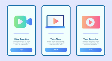 Video recording player streaming for mobile apps template banner page UI with three variations modern flat color style