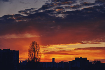 Sunset and storm clouds over the city. Kyiv, Ukraine.