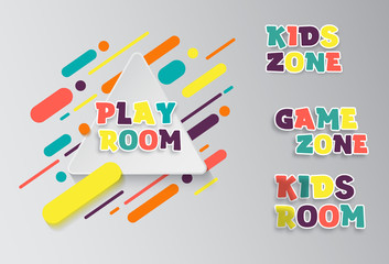 Kids zone entertainment banner. Colorful letters for children's playroom decoration. Sign for children's game room. Kids zone and party room area design.