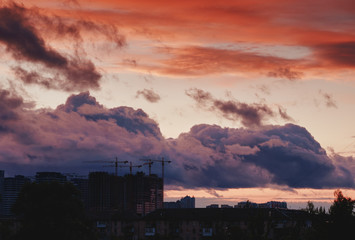 Sunset and storm clouds over the city. Kyiv, Ukraine.
