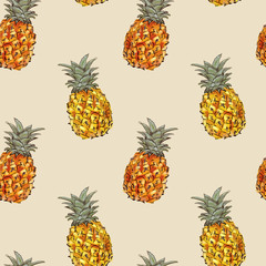 Pineapples. Tropical seamless pattern on a beige background.