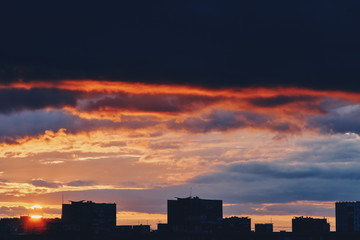 Sunset and storm clouds over the city. Kyiv, Ukraine.