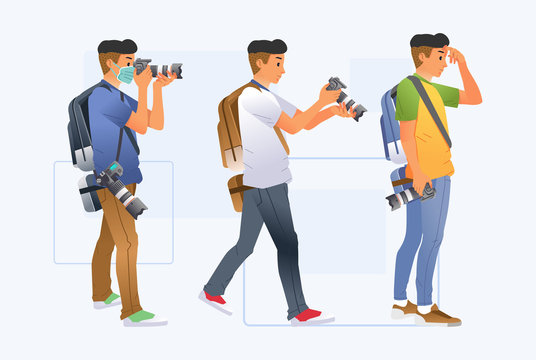 set of young man photographer with different pose and clothes bring digital camera and backpack vector illustration