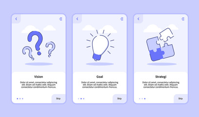 Vision goal strategy onboarding screen for mobile apps template banner page UI with three variations modern flat outline style