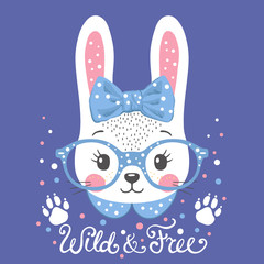 Cute rabbit girl face with footprint. Wild and Free slogan. Illustration for t-shirt prints and other uses.