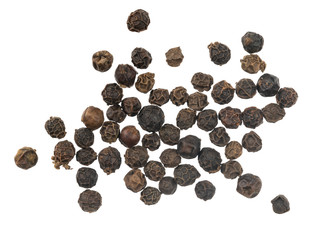 Black peppercorns isolated on white background