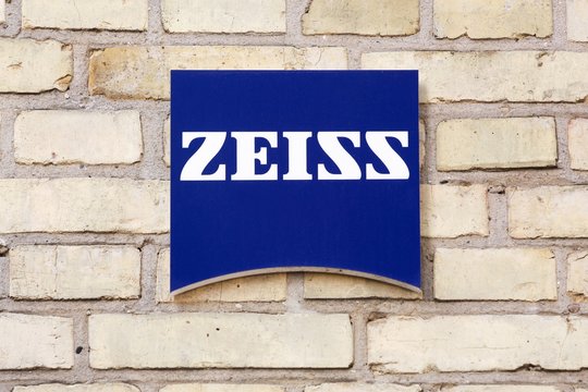 Odense, Denmark - August 13, 2020: Zeiss logo on a wall. Zeiss is a German manufacturer of optical systems and optoelectronics, founded in Jena, Germany in 1846