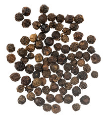 Black peppercorns isolated on white background