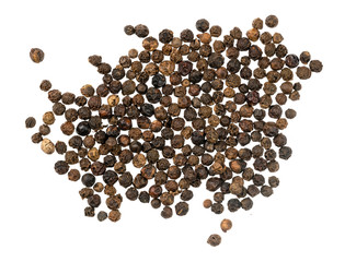 Black peppercorns isolated on white background