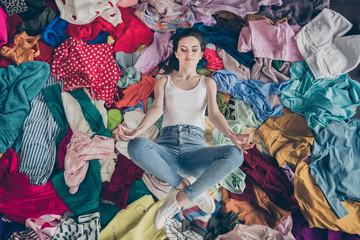 High angle above view photo of pretty focused lady stay home quarantine spring cleaning household...