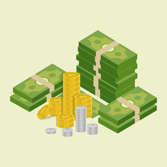 Coins stack vector illustration, flat coin money stacked flat icon, golden penny cash pile, treasure heap isolated on color background, Design for Finance.
