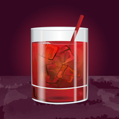 Negroni cocktail vector illustration with hand drawn ice cubes, tube in a glass. Beautiful cocktail drink for bar menu, posters, flyers, advertisement, recipe book. Whiskey with ice cocktail design