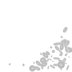 Russian ruble coins falling. Scattered black and w