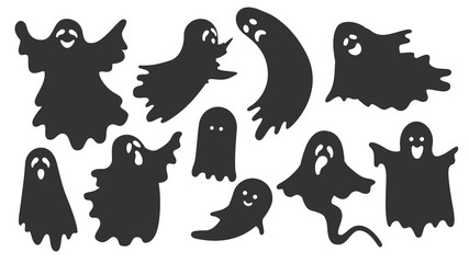 Flat illustration with black ghosts on white background for decoration design. Halloween Vector cartoon illustration. 