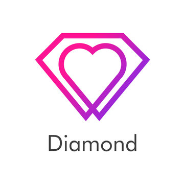 Logotipo abstracto con texto Diamond con diamante y coraz&oacute;n lineal en rosa y p&uacute;rpura