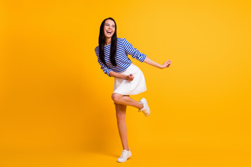 Full size photo of positive cheerful excited energetic girl dance enjoy summer weekend discotheque wear good look outfit isolated over bright color background