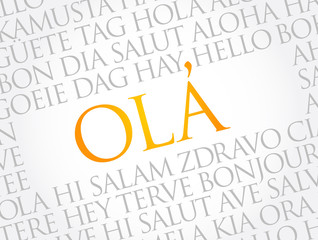 OLA (Hello Greeting in Portuguese) word cloud in different languages of the world