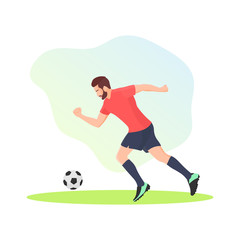 Young male football or soccer player dribbling ball. Sports match concept. Athlete icon sign or symbol. Sport game element. Professional footballer in action - Flat vector character illustration.