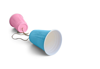 Comunication pink & blue plastic cup with string