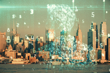 Data theme hologram drawing on city view with skyscrapers background double exposure. Technology concept.