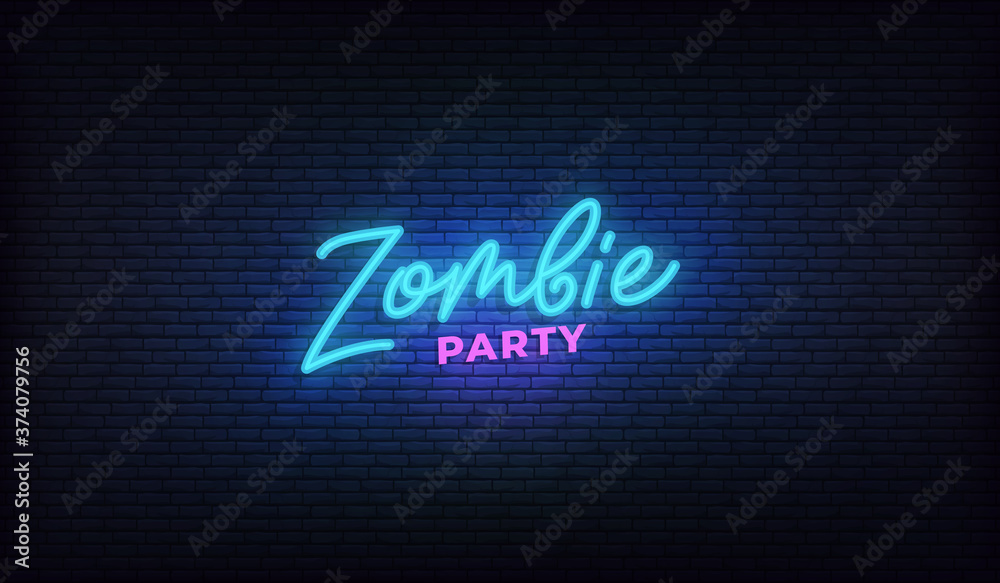 Wall mural Zombie party lettering neon sign. Halloween holiday vector design