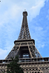 PARIS, FRANCE - APRIL 28, 2018: Beautiful view of the Eiffel Tower (Tour Eiffel) in a sunny spring day - Breathtaking view of the most known monument of Paris