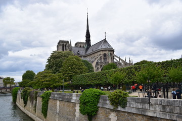 Fototapeta na wymiar Paris, France, 30 April, 2018: Wide shot of Notre Dame cathedral in a beautiful spring day, Paris, France