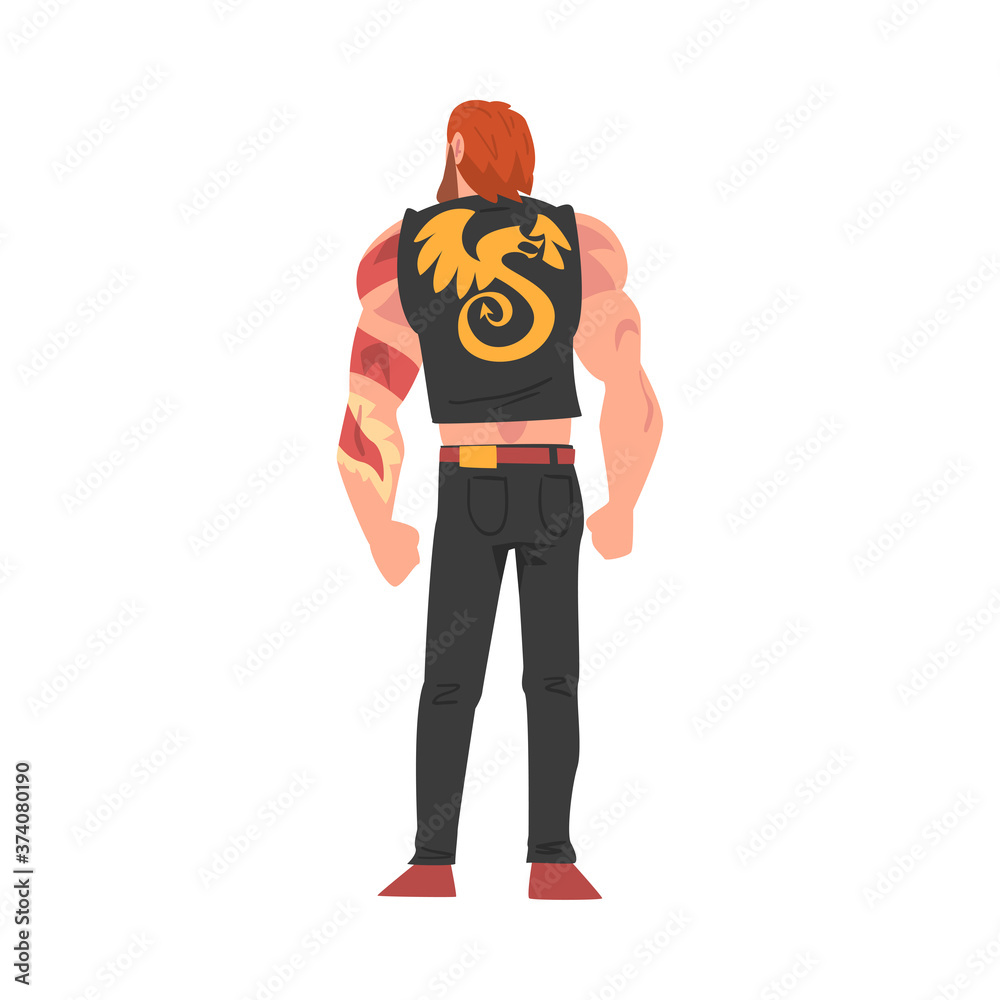 Sticker Back View of Brutal Guy Character, Young Man Viewed from Behind Wearing Black Vest and Jeans and Looking at Something Cartoon Style Vector Illustration