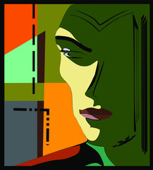 Colorful background, cubism art style,portrait of man in shadow