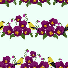 Seamless vector illustration with pansies and birds.