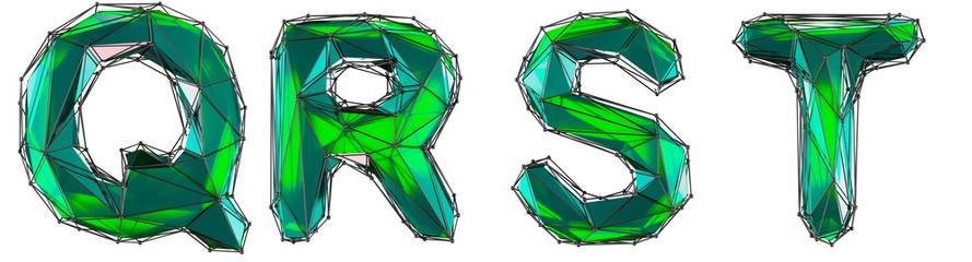 Realistic 3D set of letters Q, R, S, T made of low poly style. Collection symbols of low poly style green color glass isolated on white background 3d