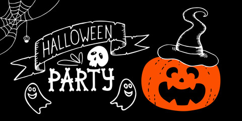 Horizontal halloween party web banner. Header featuring hand drawn orange pumpkin in magic hat spider webs skull ghosts and lettering. Stock vector illustration on black background.