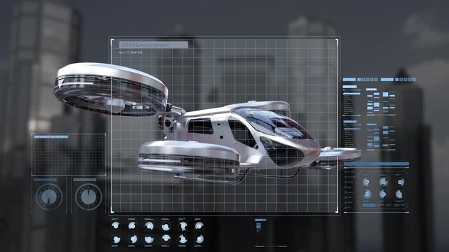 Drone taxi flying between buildings in city with user interface monitoring shot, Future transportation technology, 4k animation.