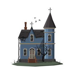 Scary Church Building, Halloween Haunted House with Crosses on Top of Roof Vector Illustration on White Background